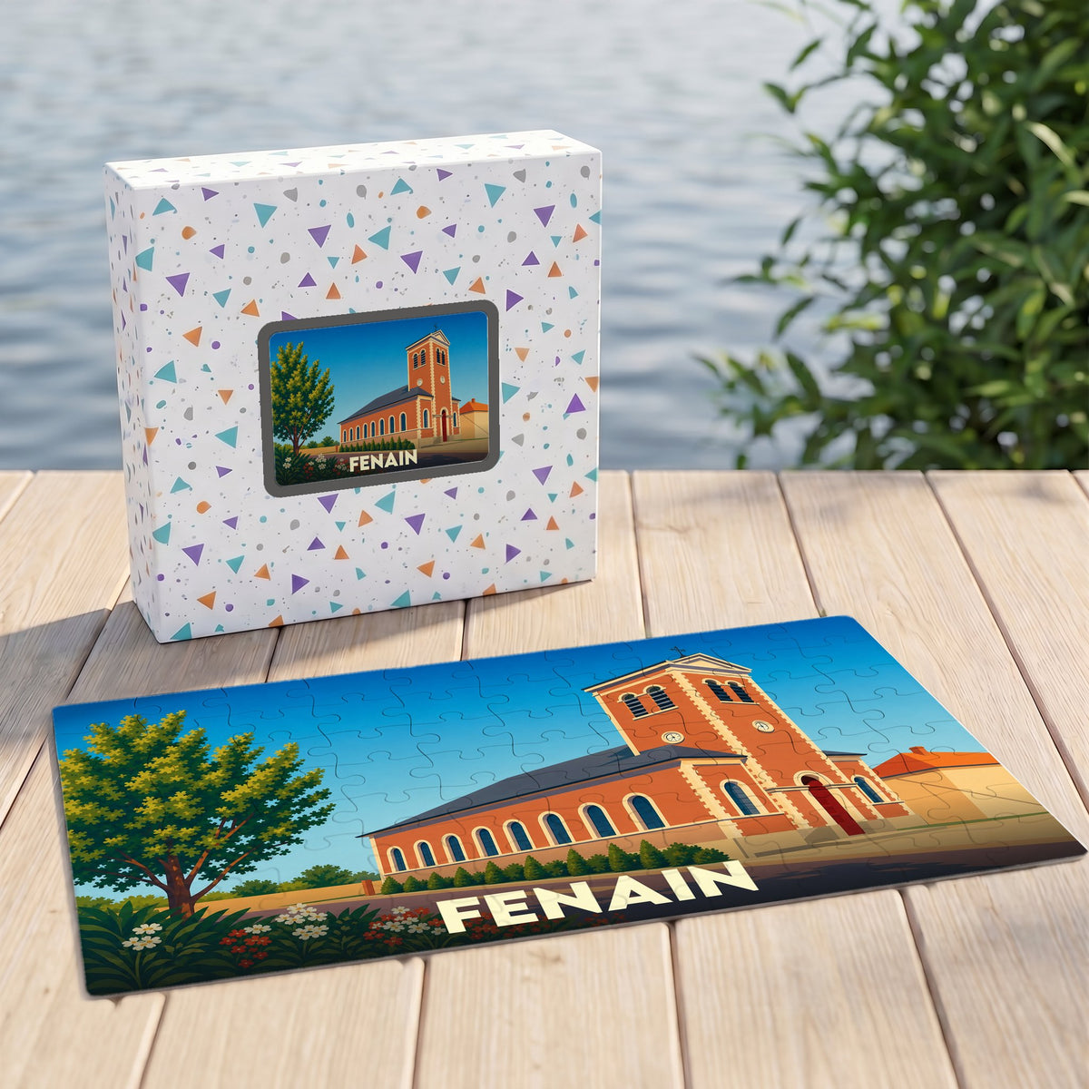 Puzzle souvenir de la ville de Fenain avec une illustration stylisée de son église.