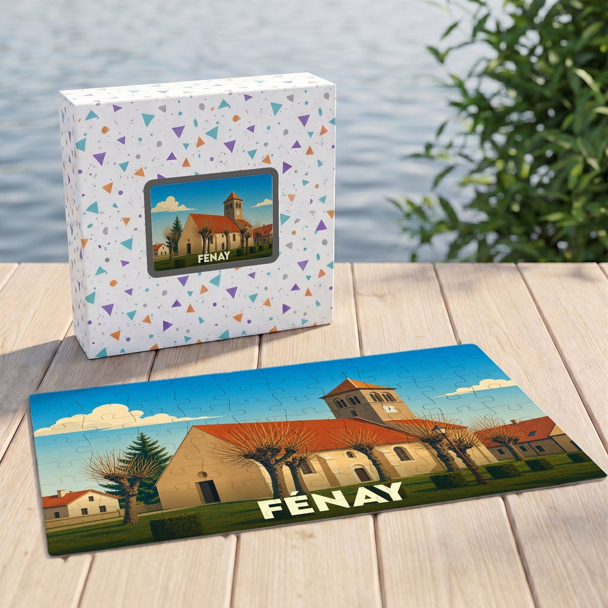 Puzzle souvenir de la ville de Fénay avec une illustration stylisée de son église et de ses environs.
