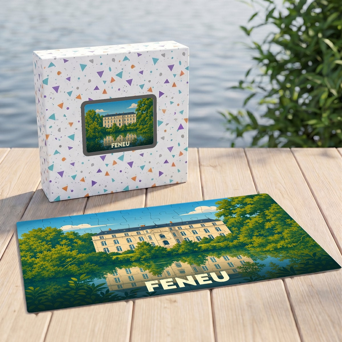 Puzzle souvenir de la ville de Feneu représentant un château au bord de l'eau avec son reflet.