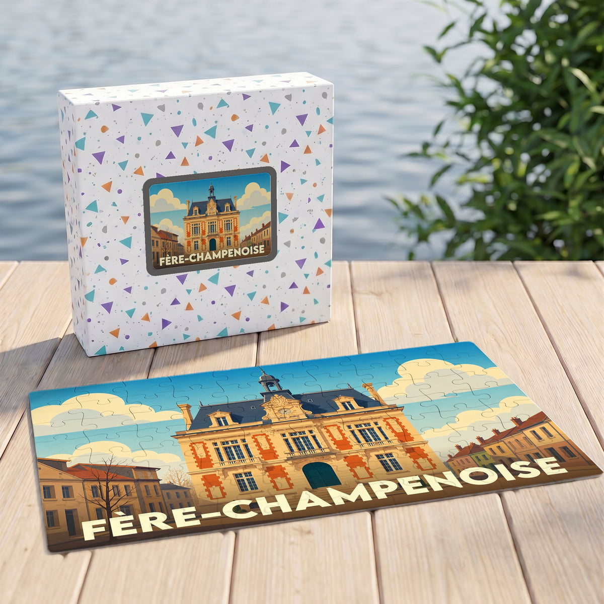 Puzzle souvenir de la ville de Fère-Champenoise avec une illustration stylisée.