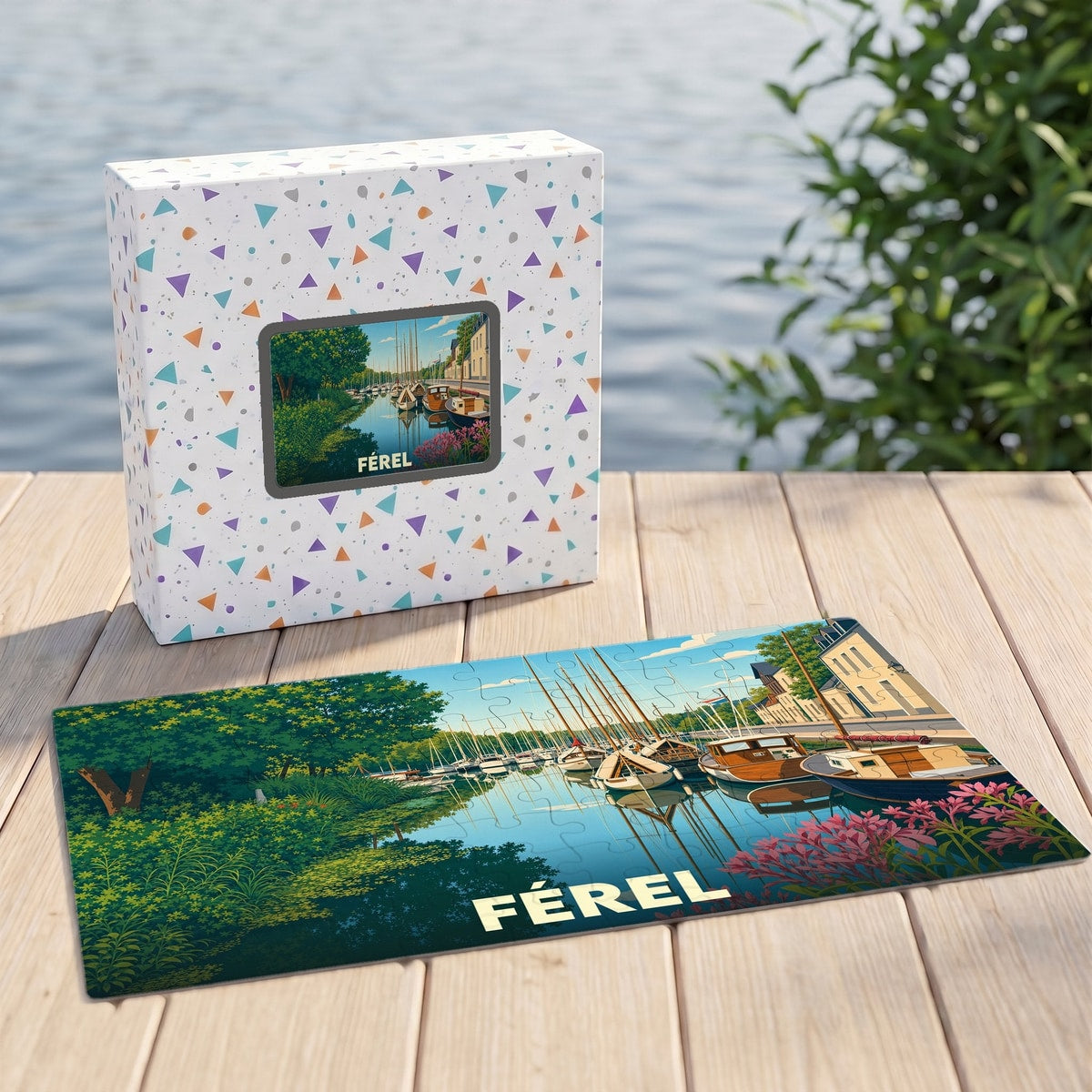 Puzzle souvenir de la ville de Férel illustrant un port de plaisance paisible.