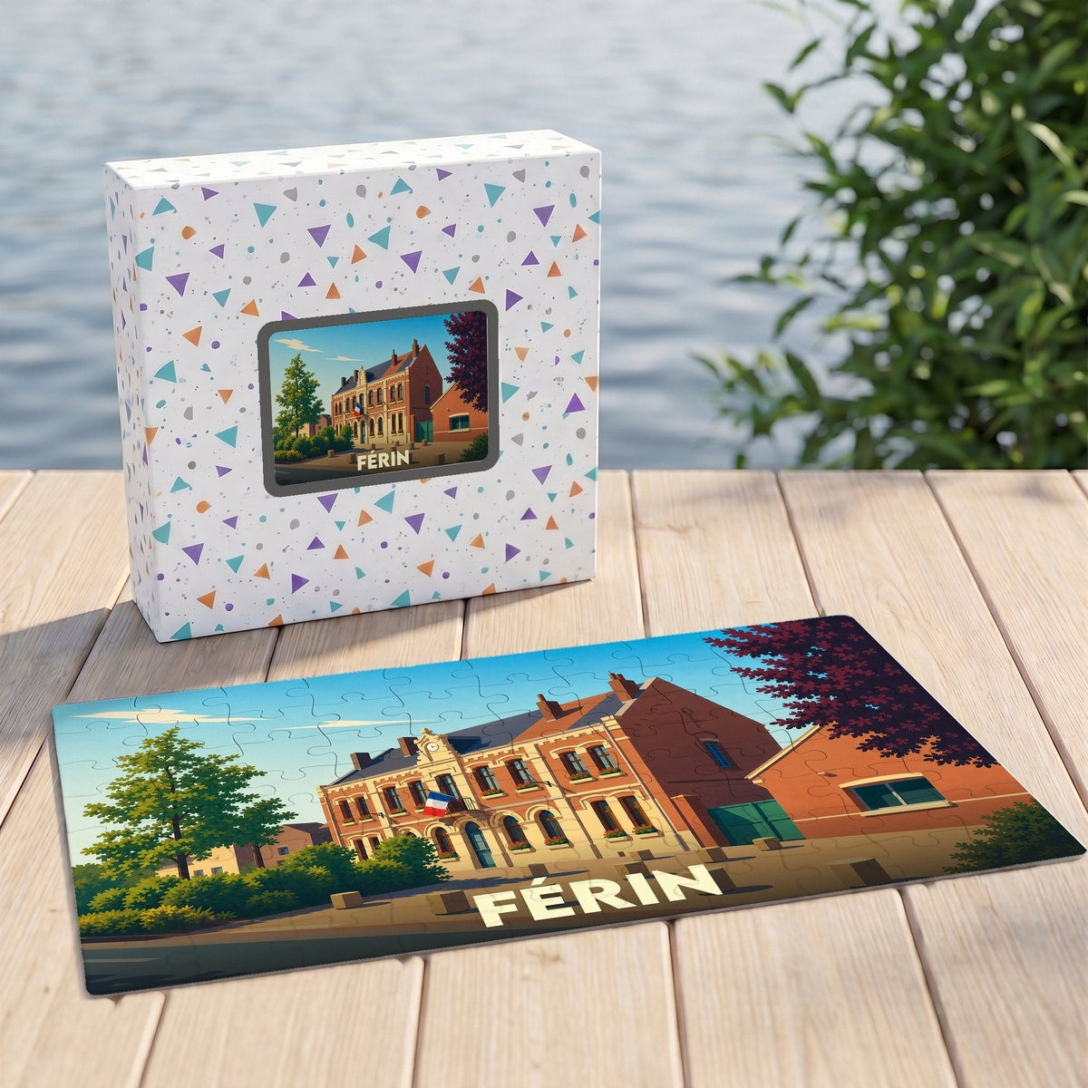 Puzzle souvenir de la ville de Férin avec une illustration stylisée de sa mairie.