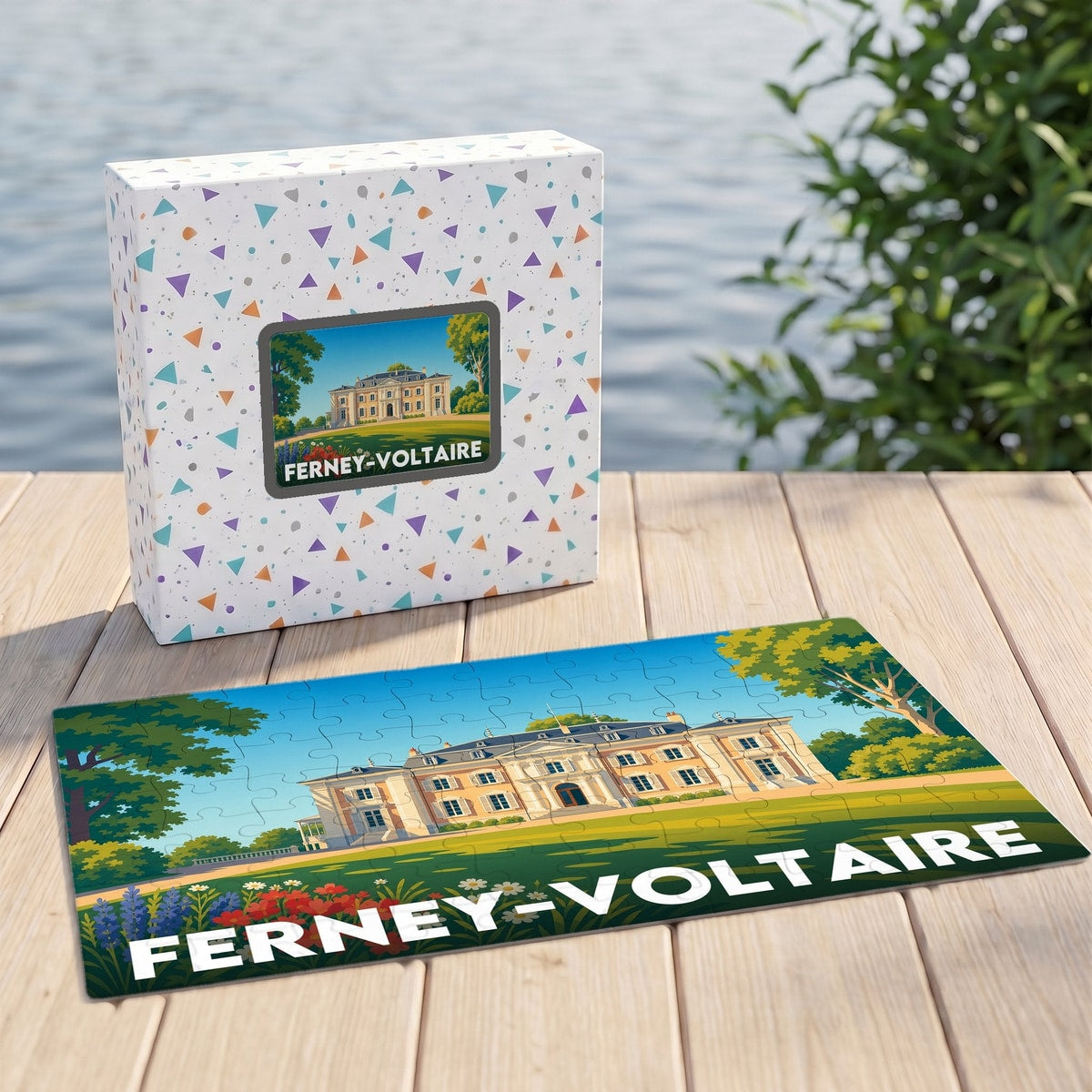 Puzzle souvenir de la ville de Ferney-Voltaire avec une illustration stylisée de son château.