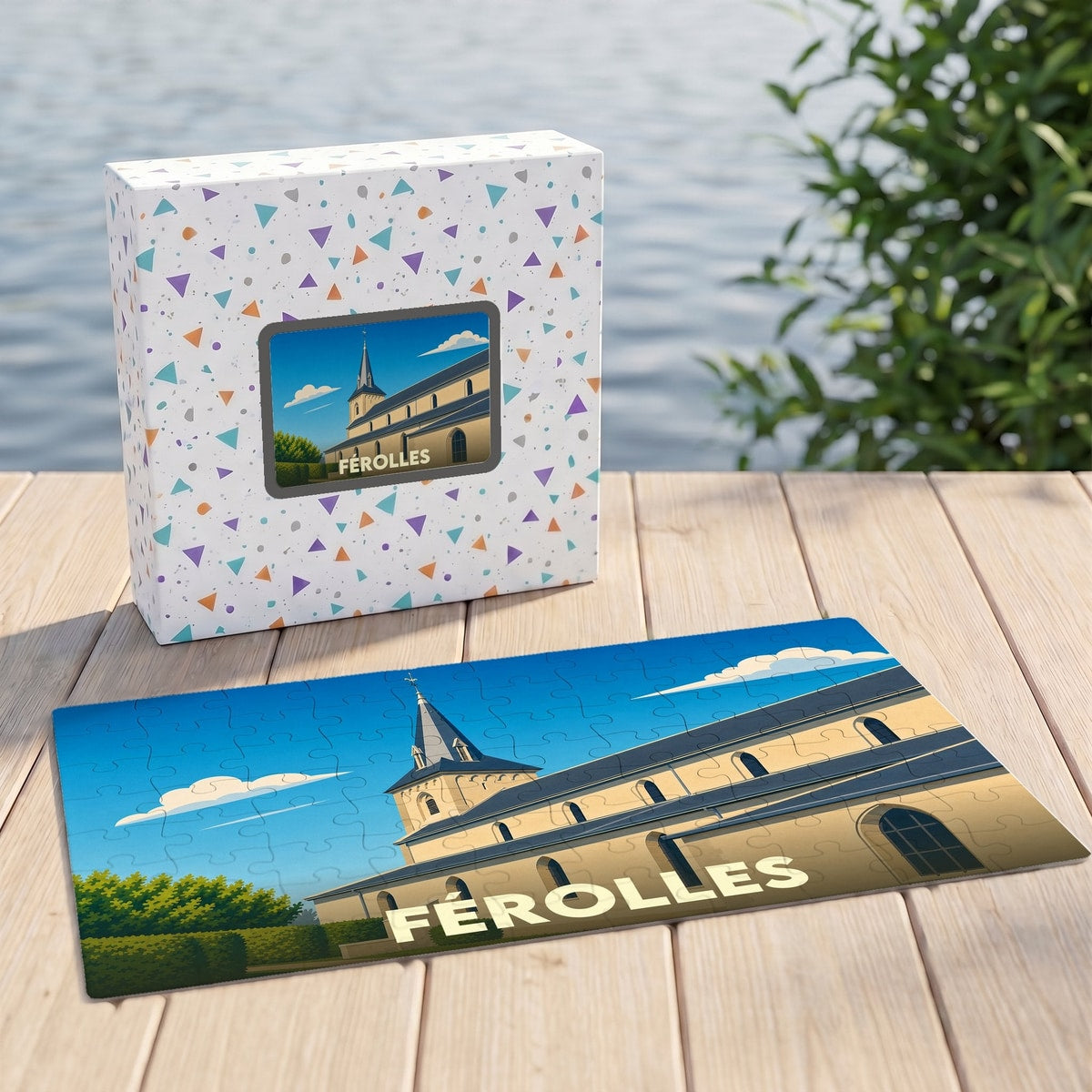 Puzzle souvenir de la ville de Férolles avec une illustration stylisée d'un monument local.