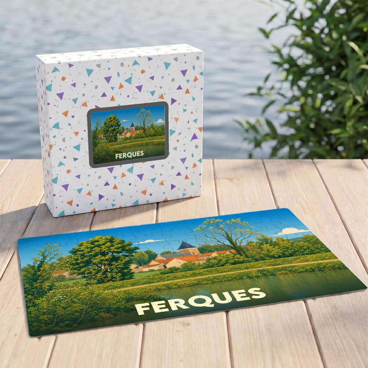 Puzzle souvenir de la ville de Ferques avec une illustration paysagère stylisée.
