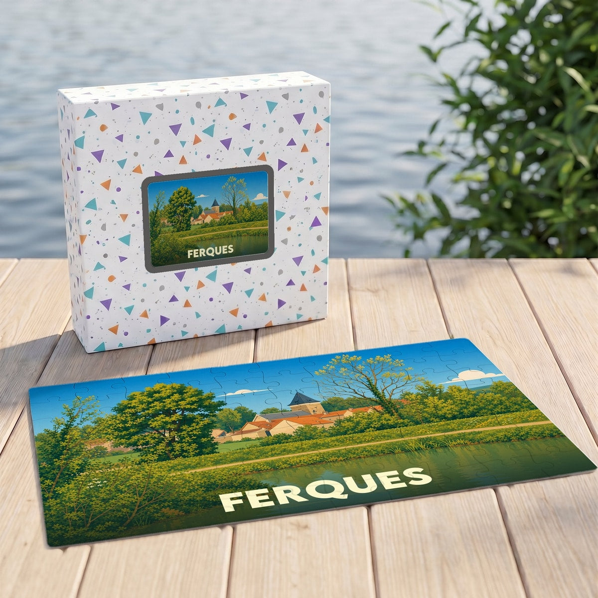 Puzzle souvenir de la ville de Ferques avec une illustration paysagère stylisée.
