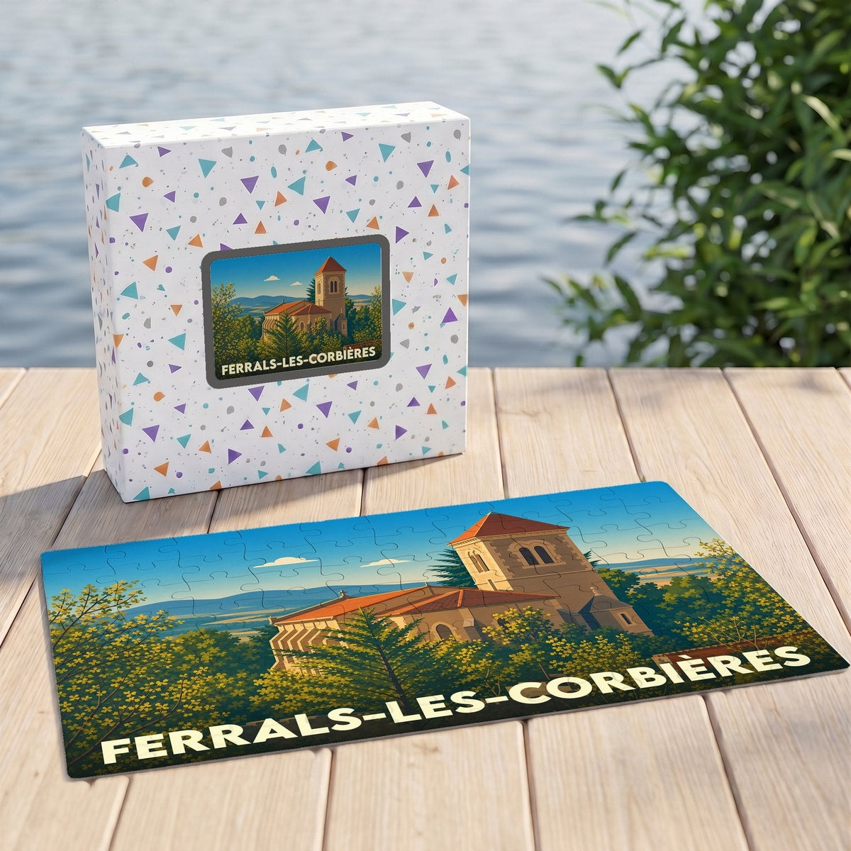 Puzzle souvenir de la ville de Ferrals-les-Corbières avec une illustration stylisée de son église.