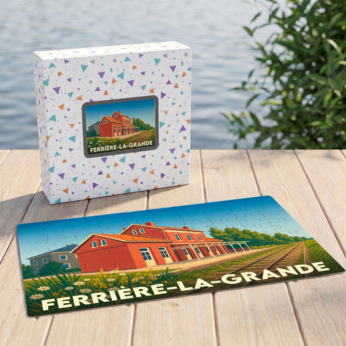Puzzle souvenir de la ville de Ferrière-la-Grande avec une illustration stylisée d'une gare ferroviaire.