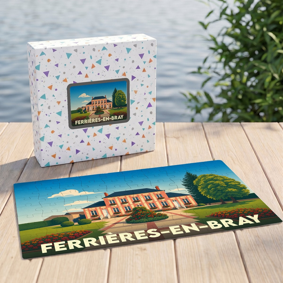 Puzzle souvenir de la ville de Ferrières-en-Bray avec une illustration stylisée d'un manoir.