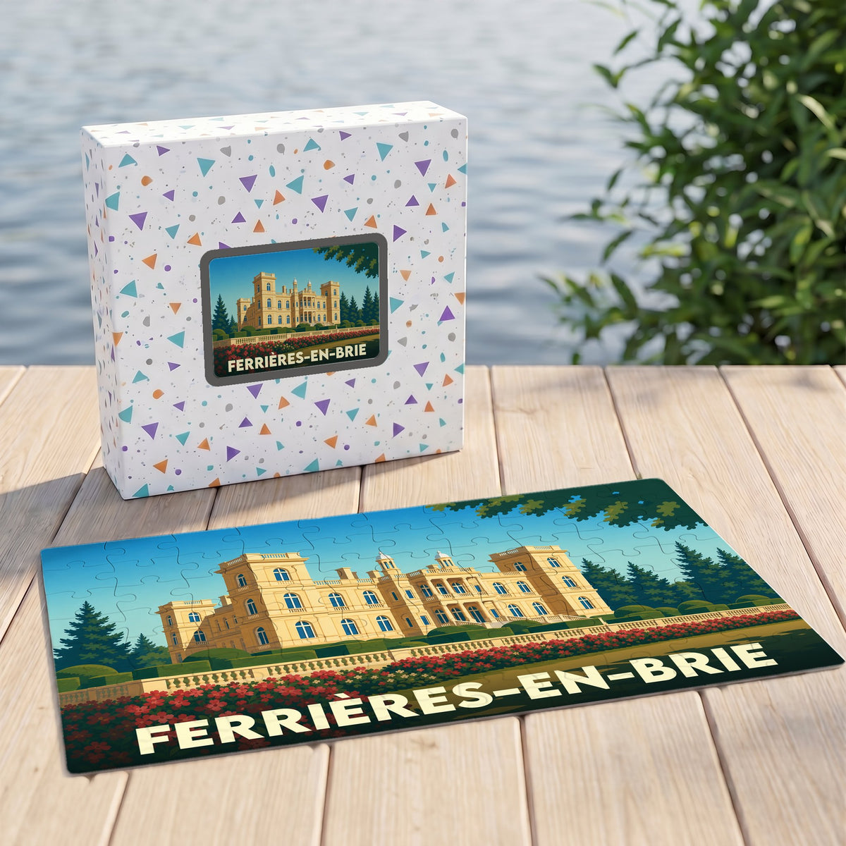 Puzzle souvenir de la ville de Ferrières-en-Brie avec une illustration stylisée de son château.