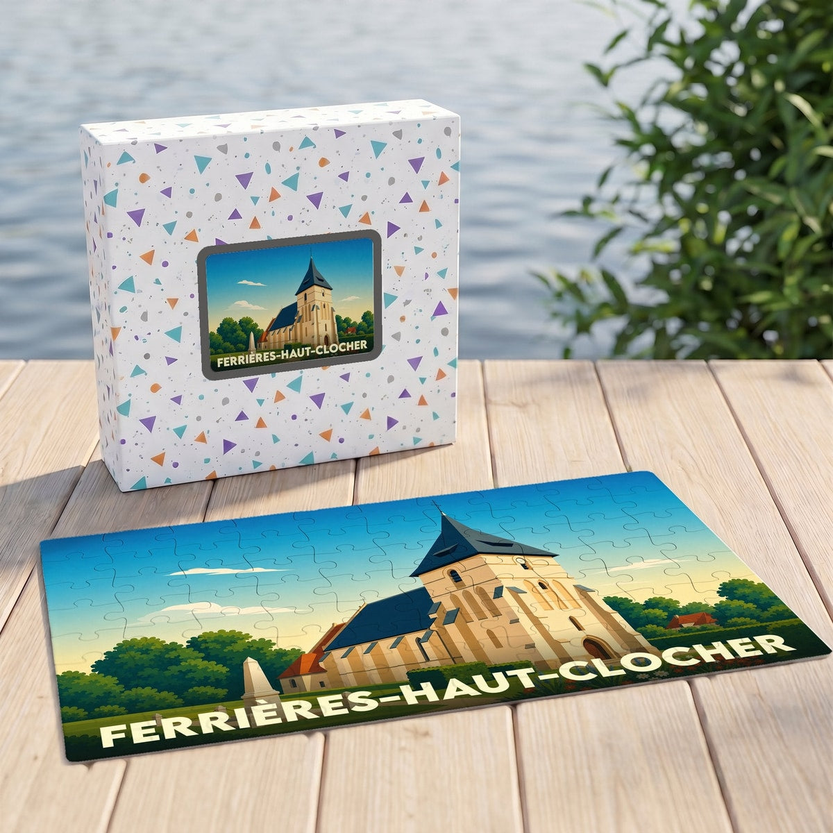 Puzzle souvenir de la ville de Ferrières-Haut-Clocher avec une illustration stylisée de son église.
