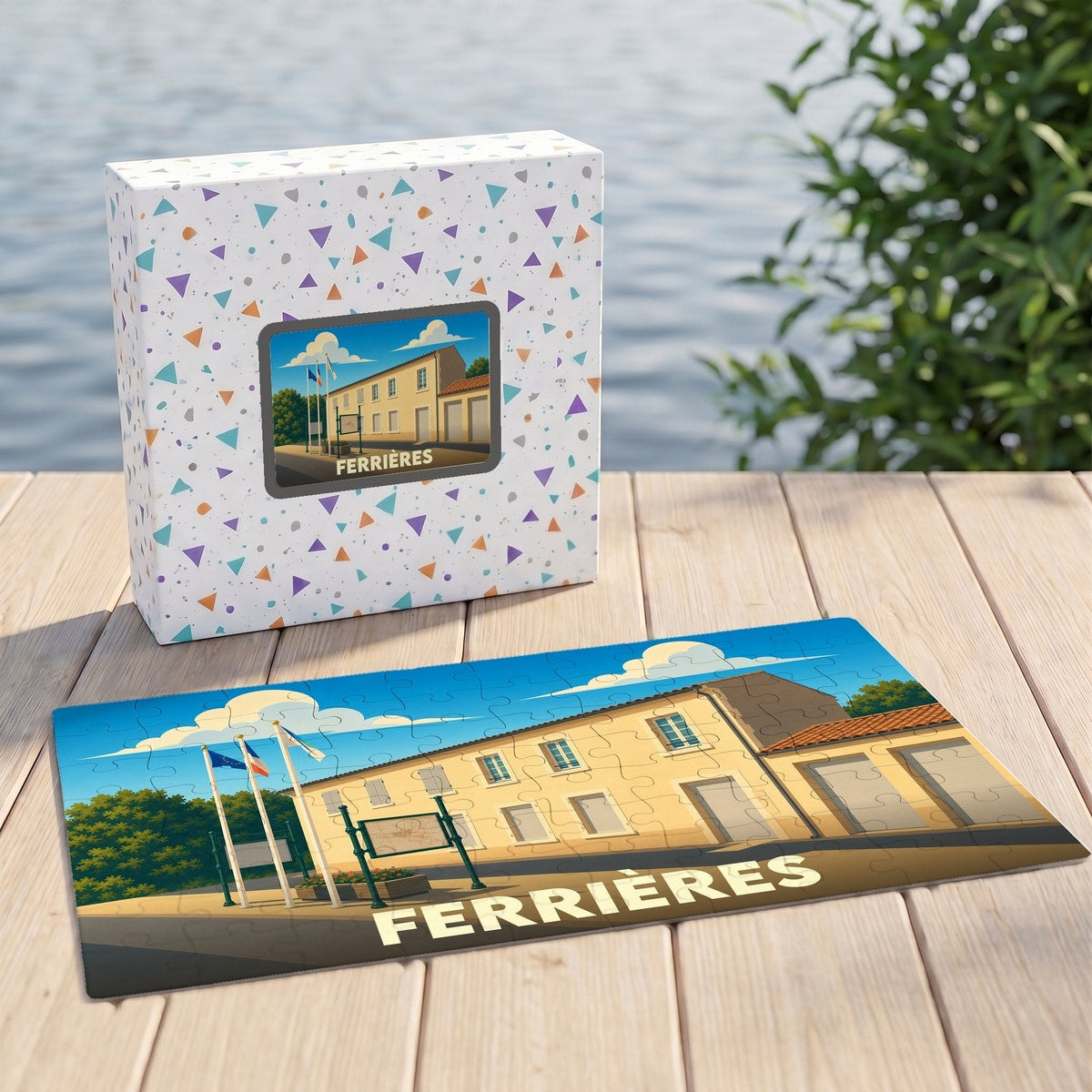 Puzzle souvenir de la ville de Ferrières avec une illustration stylisée du fronton municipal.