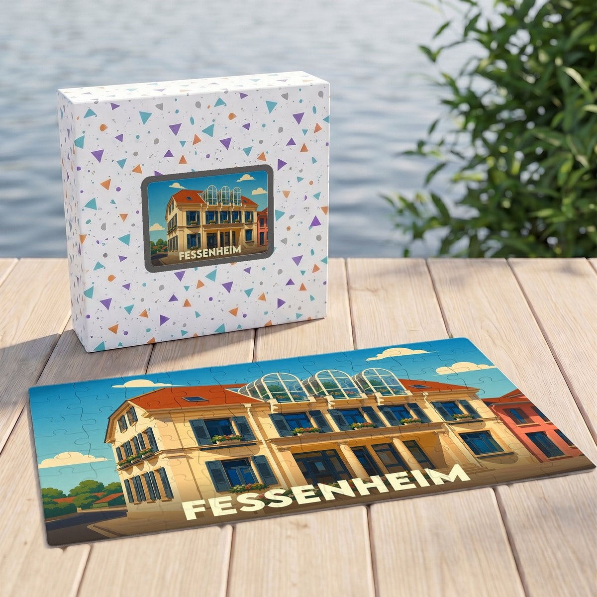 Puzzle souvenir de la ville de Fessenheim avec une illustration stylisée d'un bâtiment remarquable.
