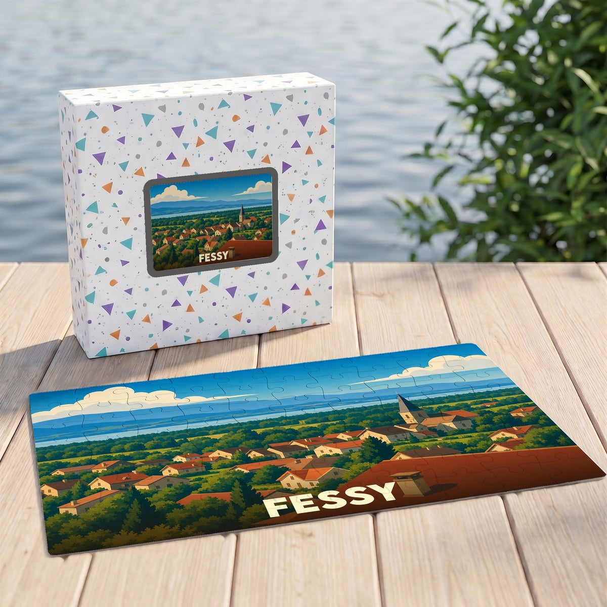 Puzzle souvenir de la ville de Fessy avec une illustration de paysage champêtre.