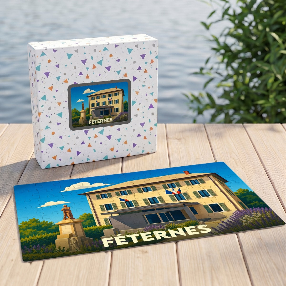 Puzzle souvenir de la ville de Féternes avec une illustration stylisée de son hôtel de ville et de son monument.
