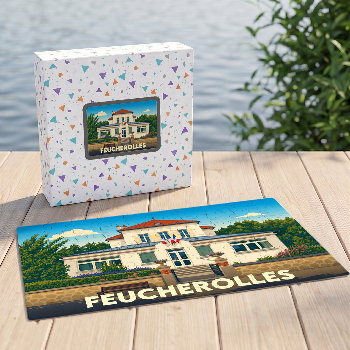 Puzzle souvenir de la ville de Feucherolles avec une illustration stylisée d'un bâtiment officiel.
