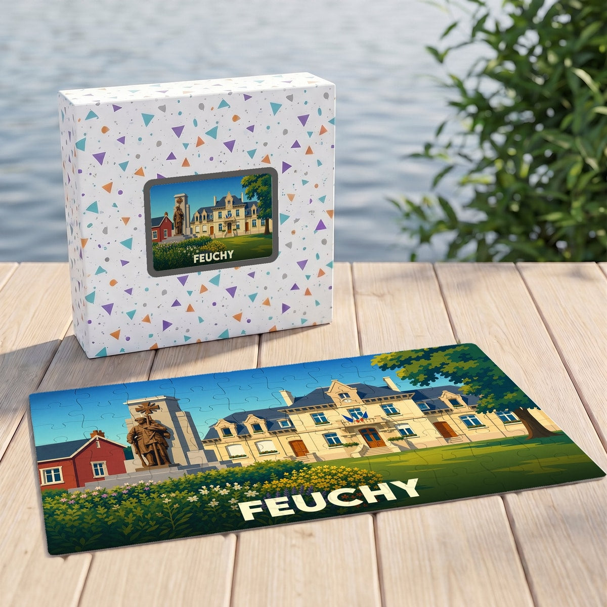 Puzzle souvenir de la ville de Feuchy avec une illustration stylisée d'un bâtiment historique et d'un monument.