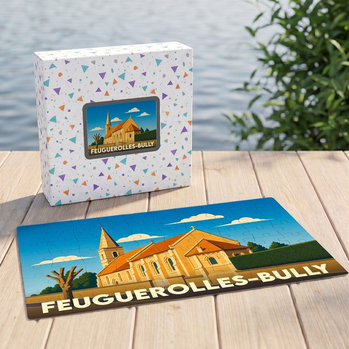 Puzzle souvenir de la ville de Feuguerolles-Bully avec une illustration stylisée de son église.