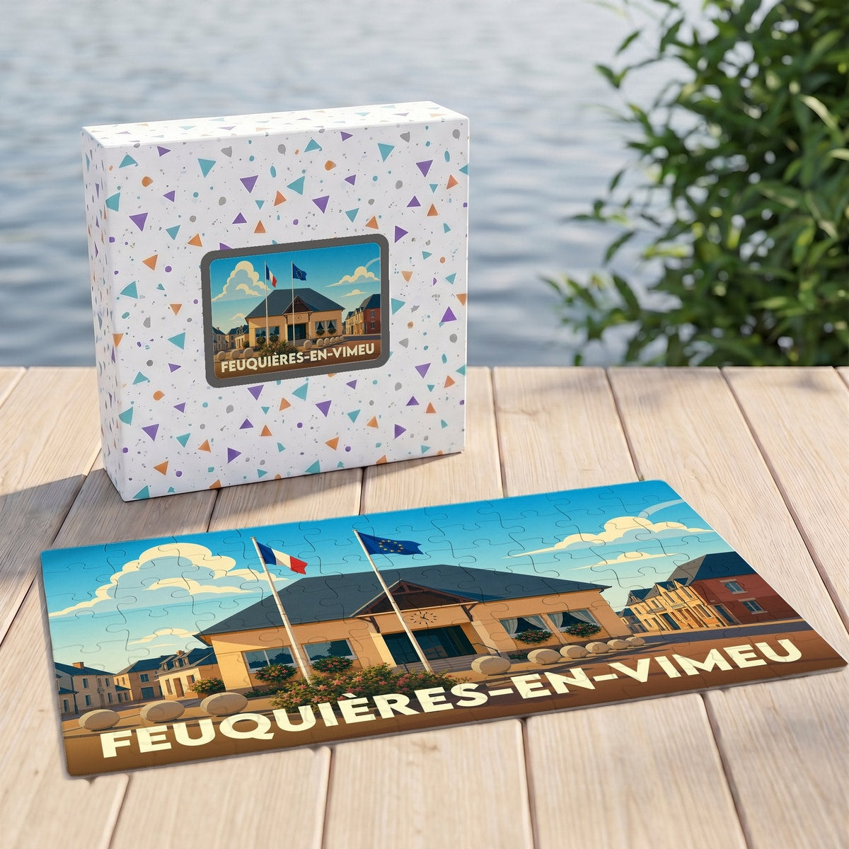 Puzzle souvenir de la ville de Feuquières-en-Vimeu avec une illustration stylisée de sa mairie.