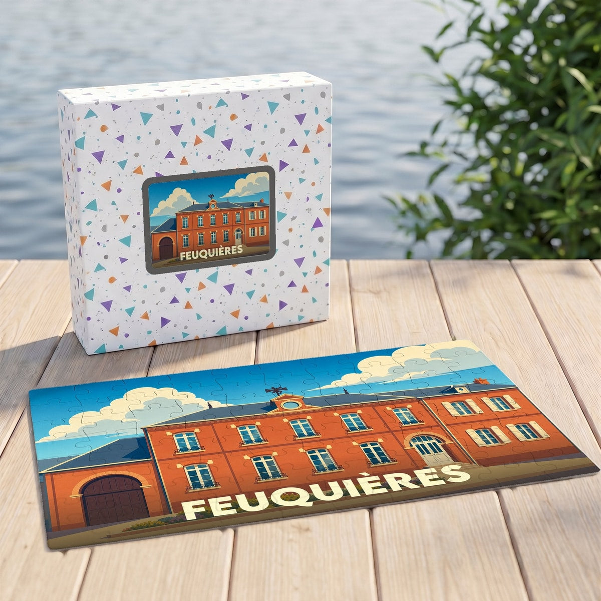 Puzzle souvenir de la ville de Feuquières avec une illustration stylisée d'un bâtiment en briques rouges.