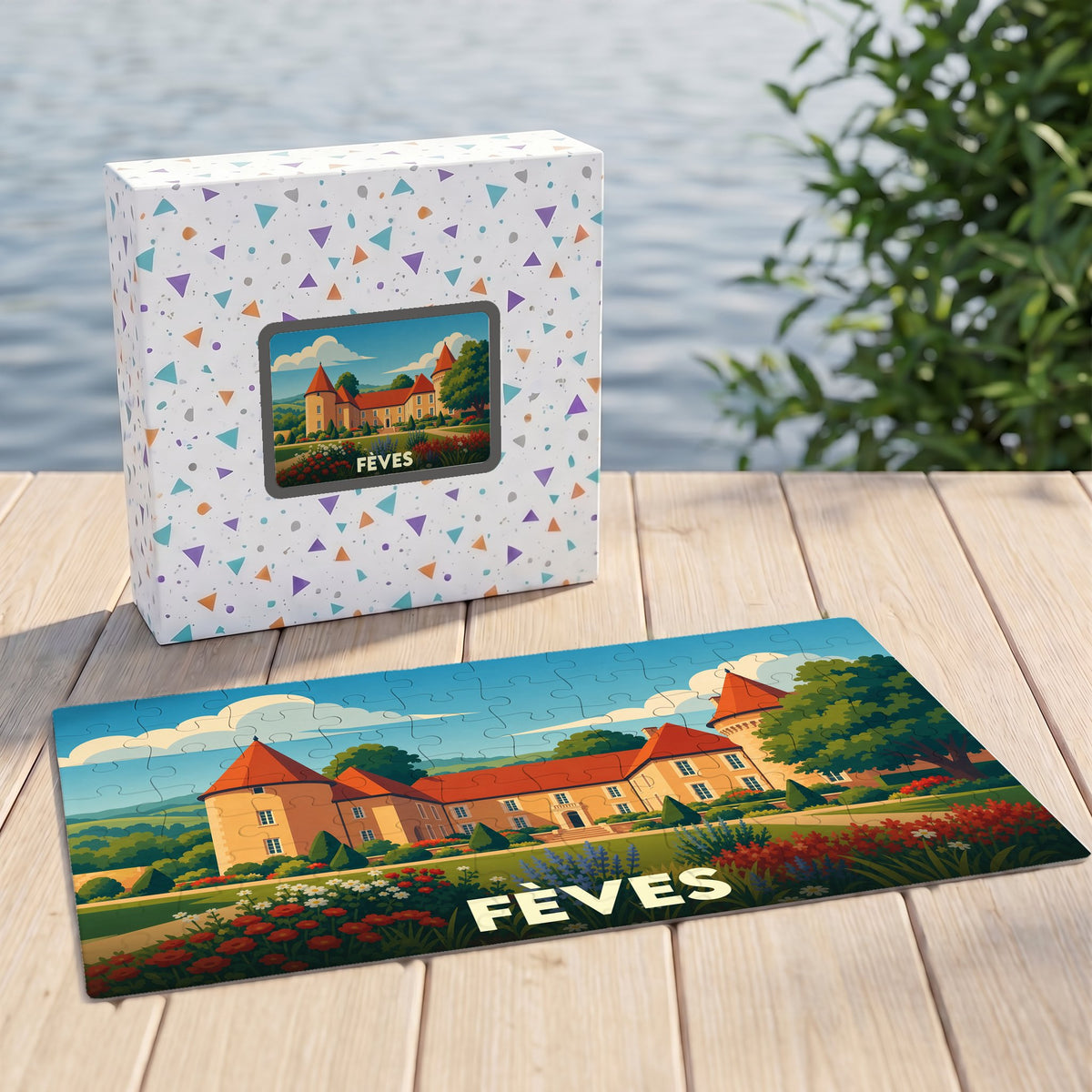 Puzzle souvenir de la ville de Fèves présentant une illustration stylisée d'un château.