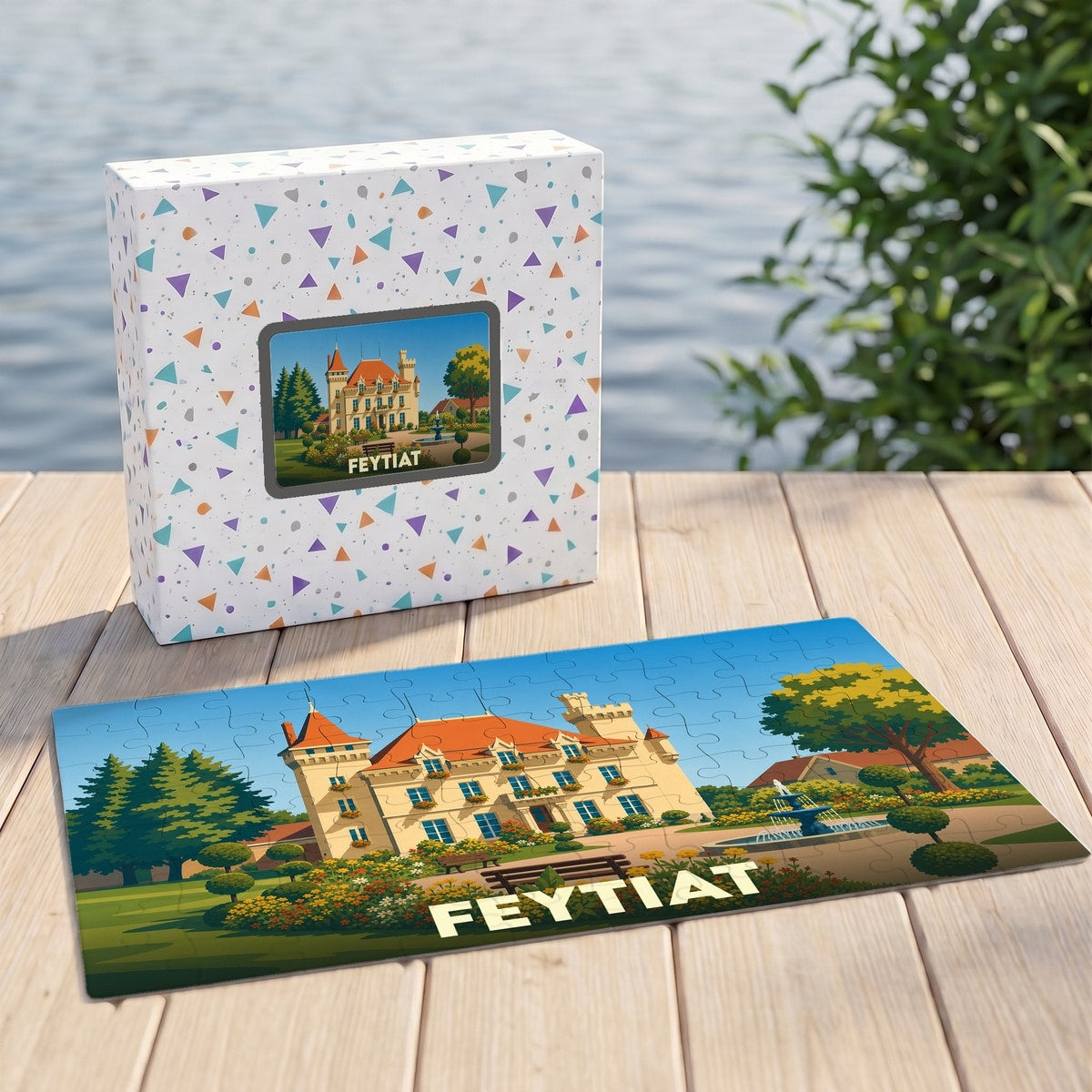 Puzzle souvenir de la ville de Feytiat avec une illustration stylisée d'un château.