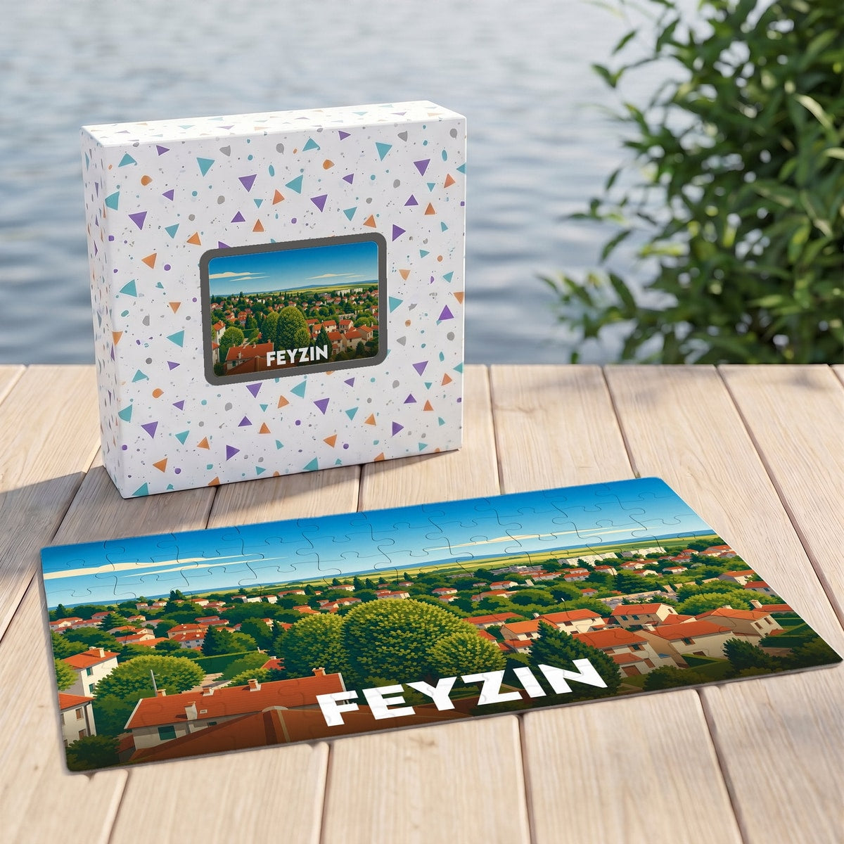 Puzzle souvenir de la ville de Feyzin illustrant un panorama urbain verdoyant.