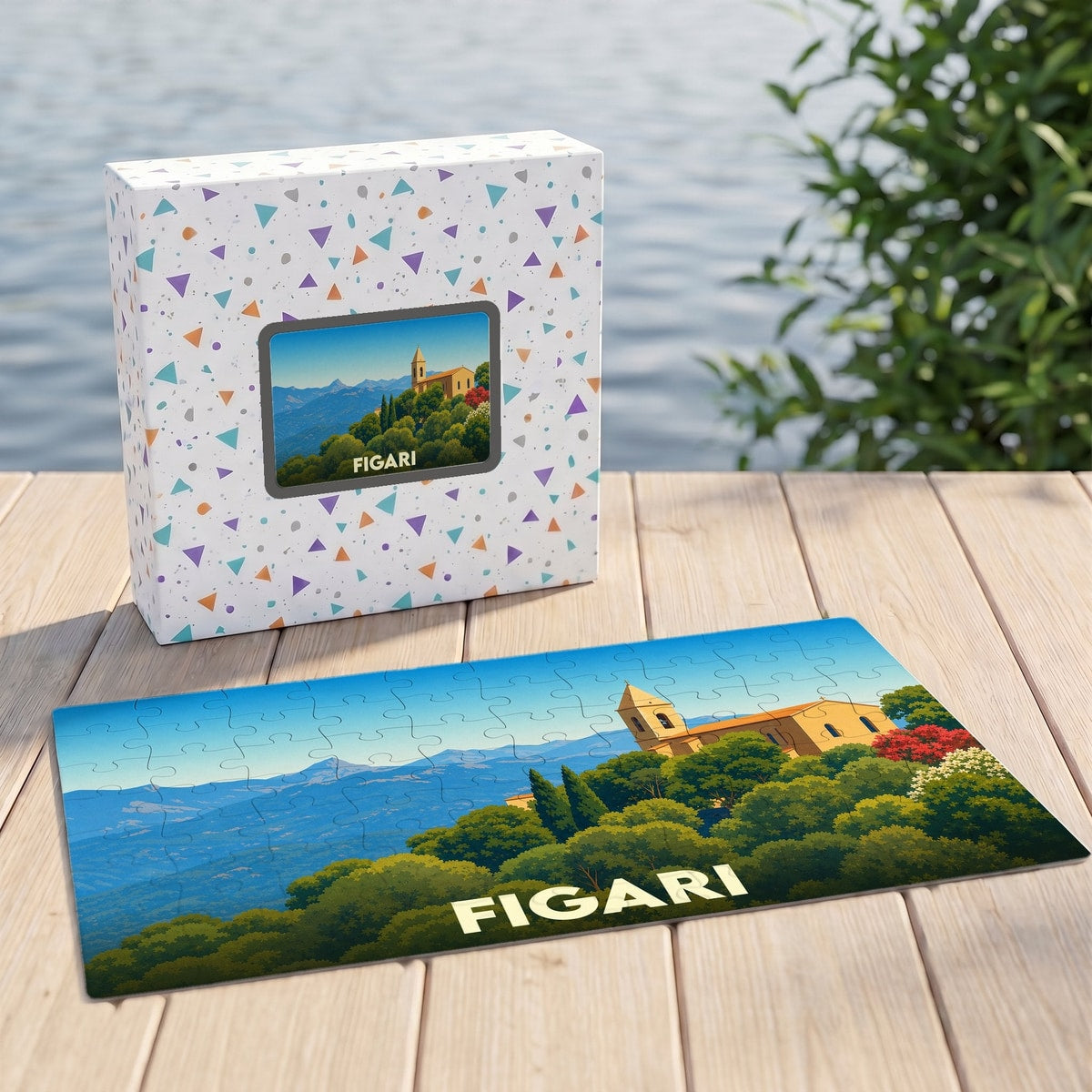 Puzzle souvenir de la ville de Figari représentant un paysage ensoleillé avec son église.