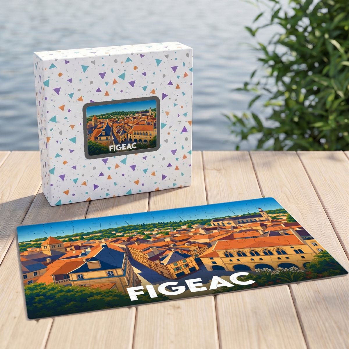 Puzzle souvenir de la ville de Figeac illustrant un panorama urbain stylisé, accompagné de sa boîte assortie.