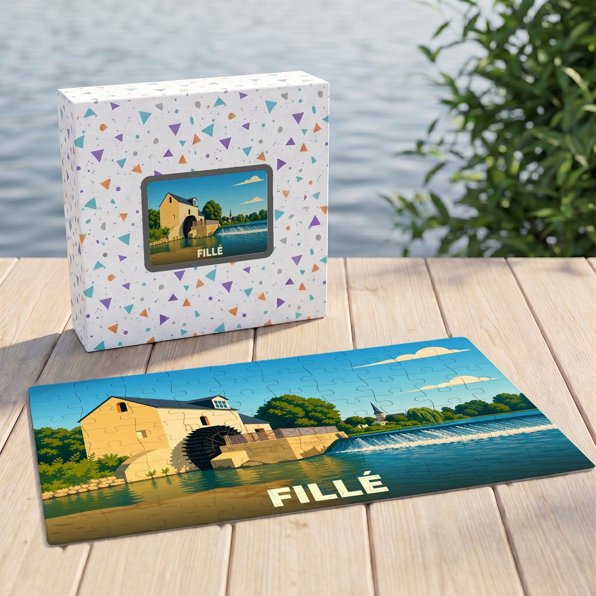 Puzzle souvenir de la ville de Fillé illustrant un moulin à eau sur le bord d'une rivière.