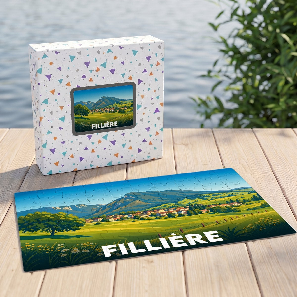 Puzzle souvenir de la ville de Fillière avec une illustration stylisée d'un paysage montagneux.