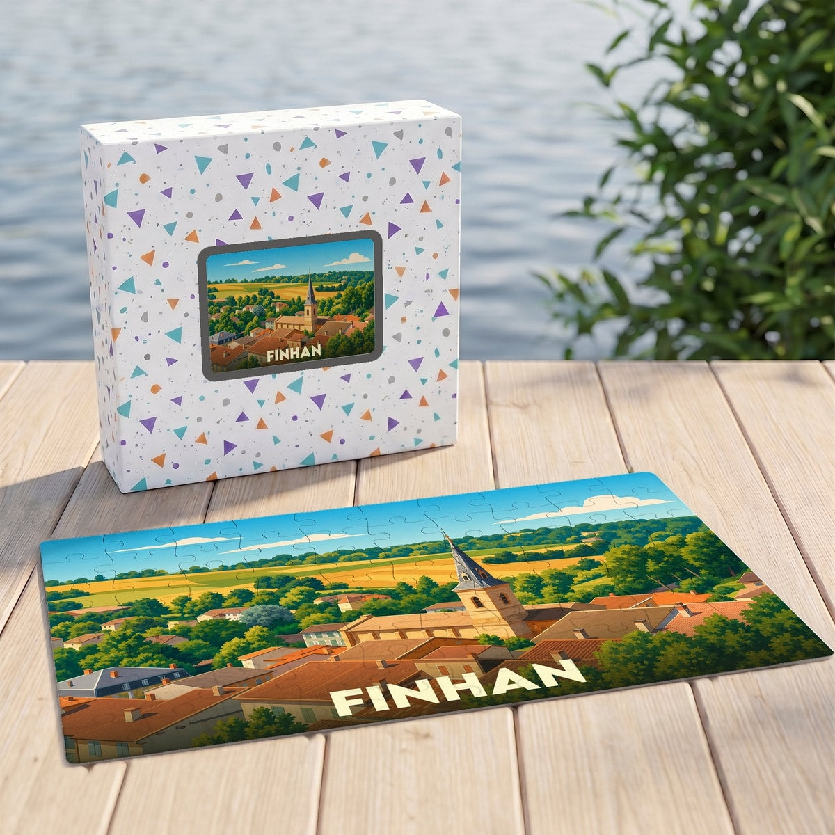 Puzzle souvenir de la ville de Finhan avec une illustration panoramique stylisée.