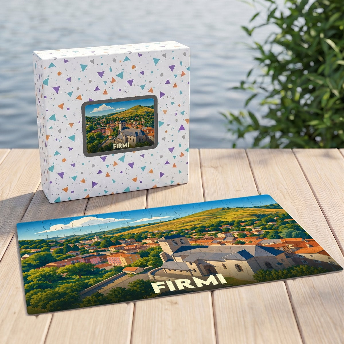 Puzzle souvenir de la ville de Firmi avec une illustration stylisée et sa boîte assortie.