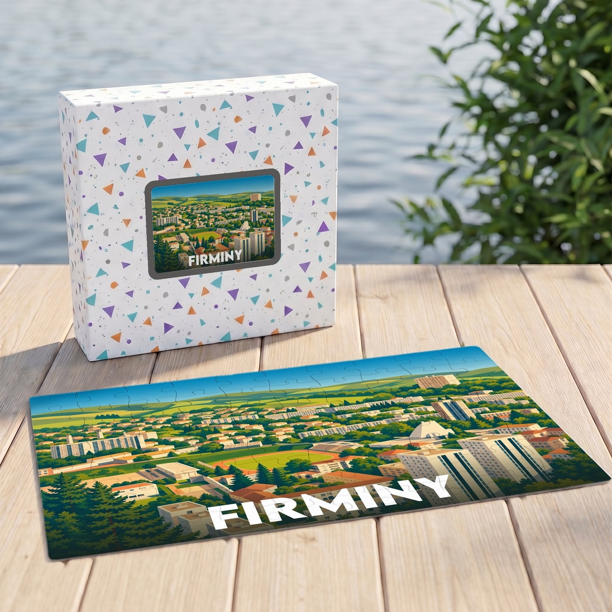 Puzzle souvenir de la ville de Firminy avec une illustration stylisée et sa boîte assortie.