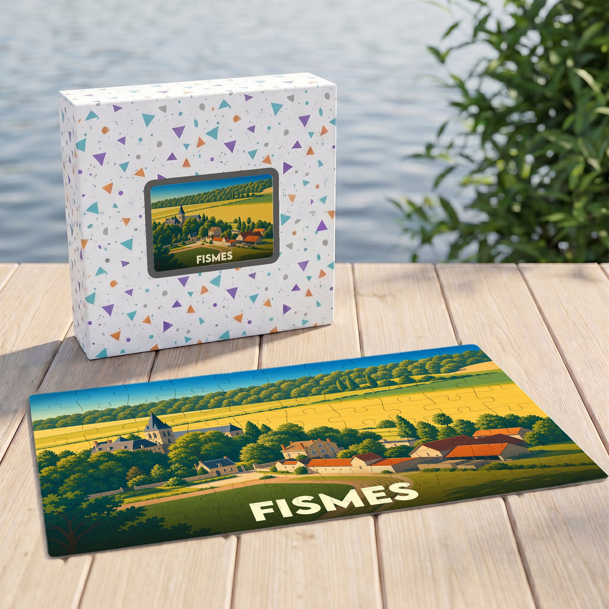 Puzzle souvenir de la ville de Fismes avec une illustration stylisée de son paysage champêtre.