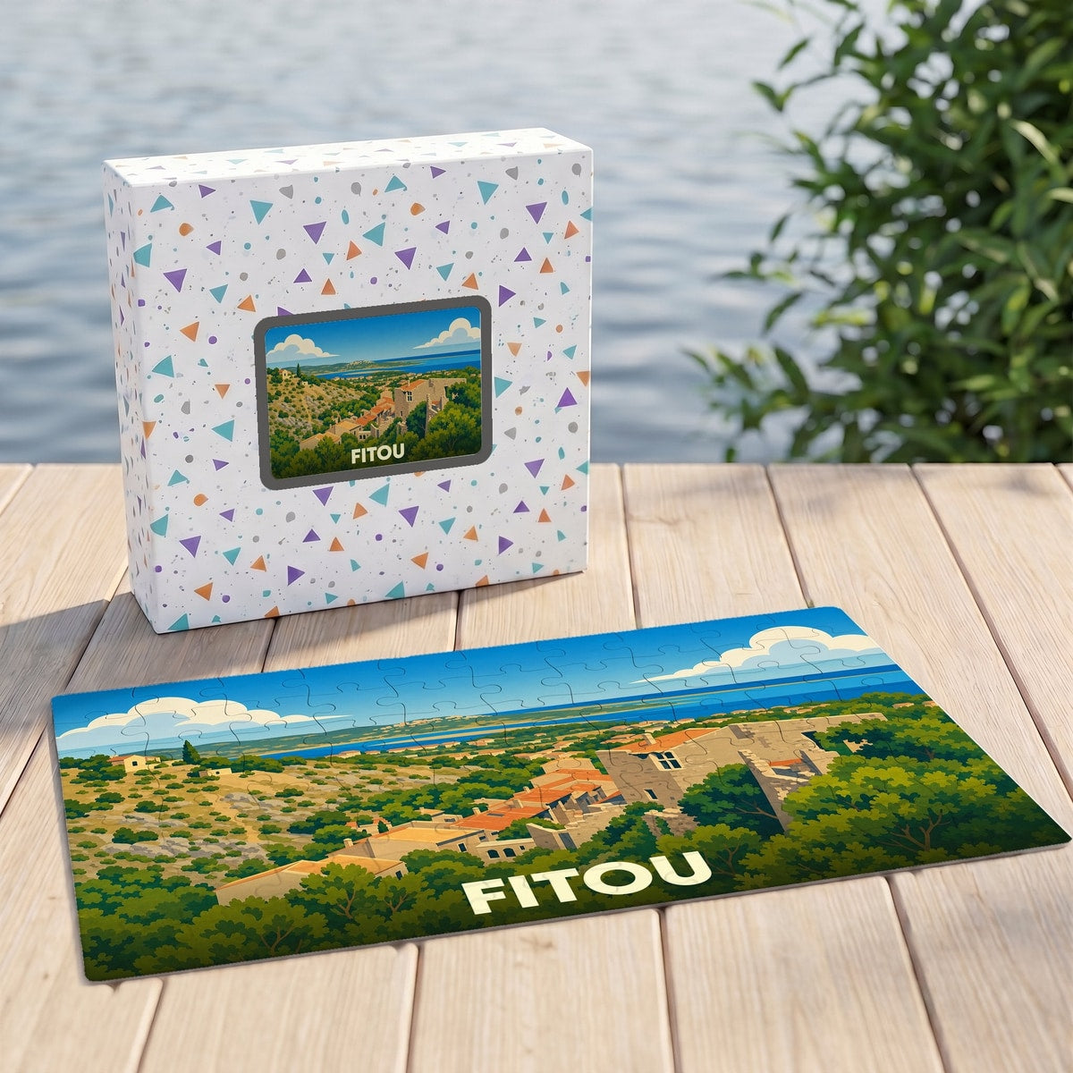 Puzzle souvenir de la ville de Fitou avec une illustration stylisée d'un paysage méditerranéen.