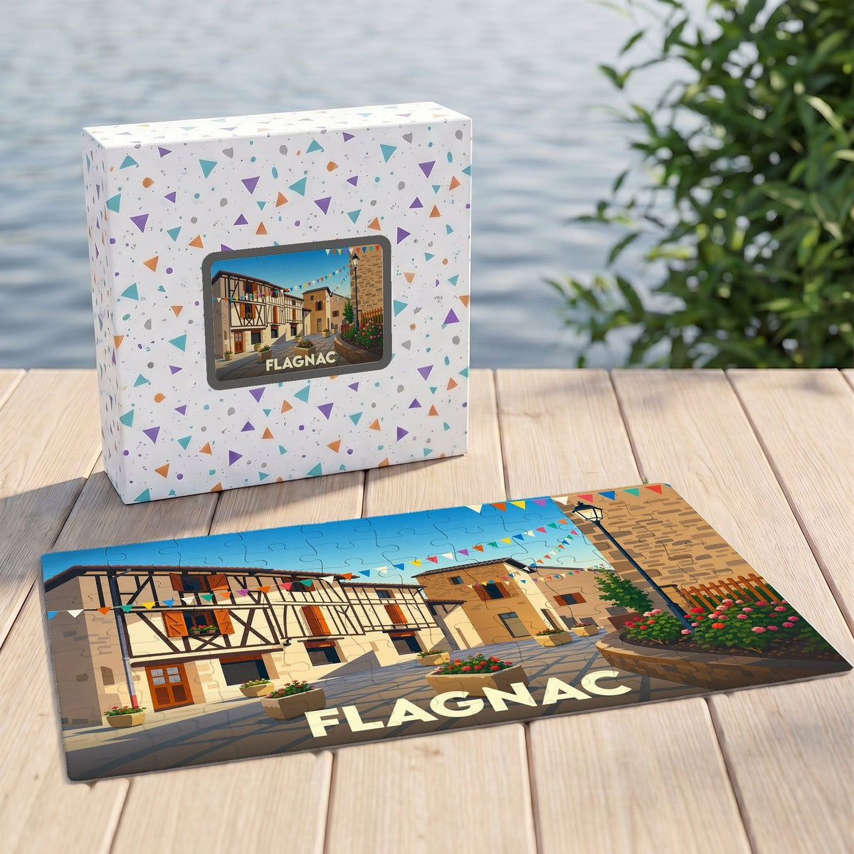 Puzzle souvenir de la ville de Flagnac avec une illustration stylisée.