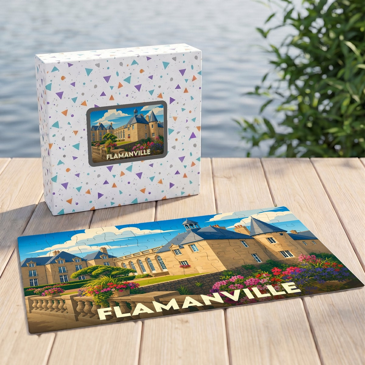 Puzzle souvenir de la ville de Flamanville avec une illustration stylisée de son château.