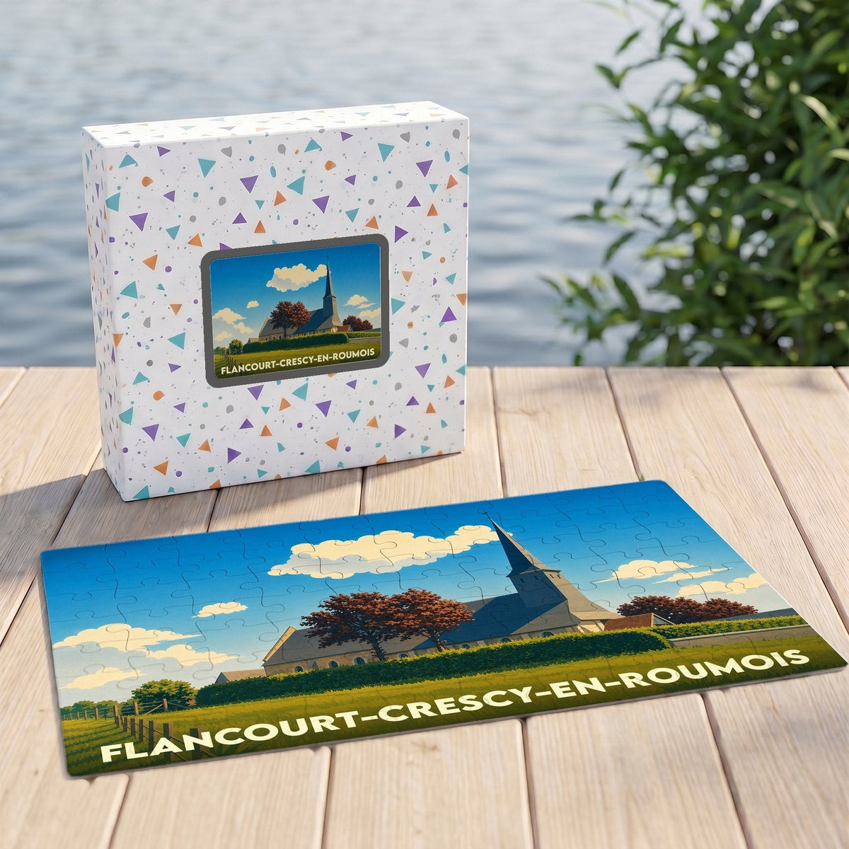 Puzzle souvenir de la ville de Flancourt-Crescy-en-Roumois avec une illustration stylisée d'une église.