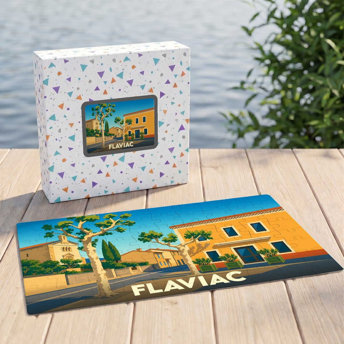 Puzzle souvenir de la ville de Flaviac avec une illustration stylisée et sa boîte assortie.