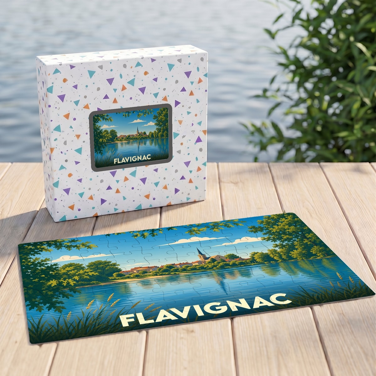 Puzzle souvenir de la ville de Flavignac représentant une illustration de son paysage au bord de l'eau.