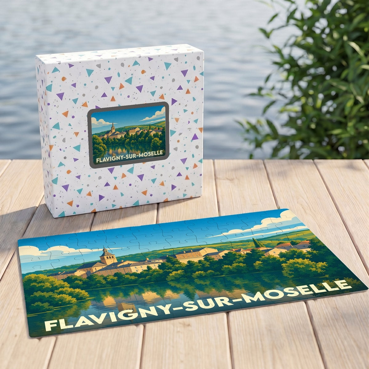 Puzzle souvenir de la ville de Flavigny-sur-Moselle avec une illustration paysagère stylisée.