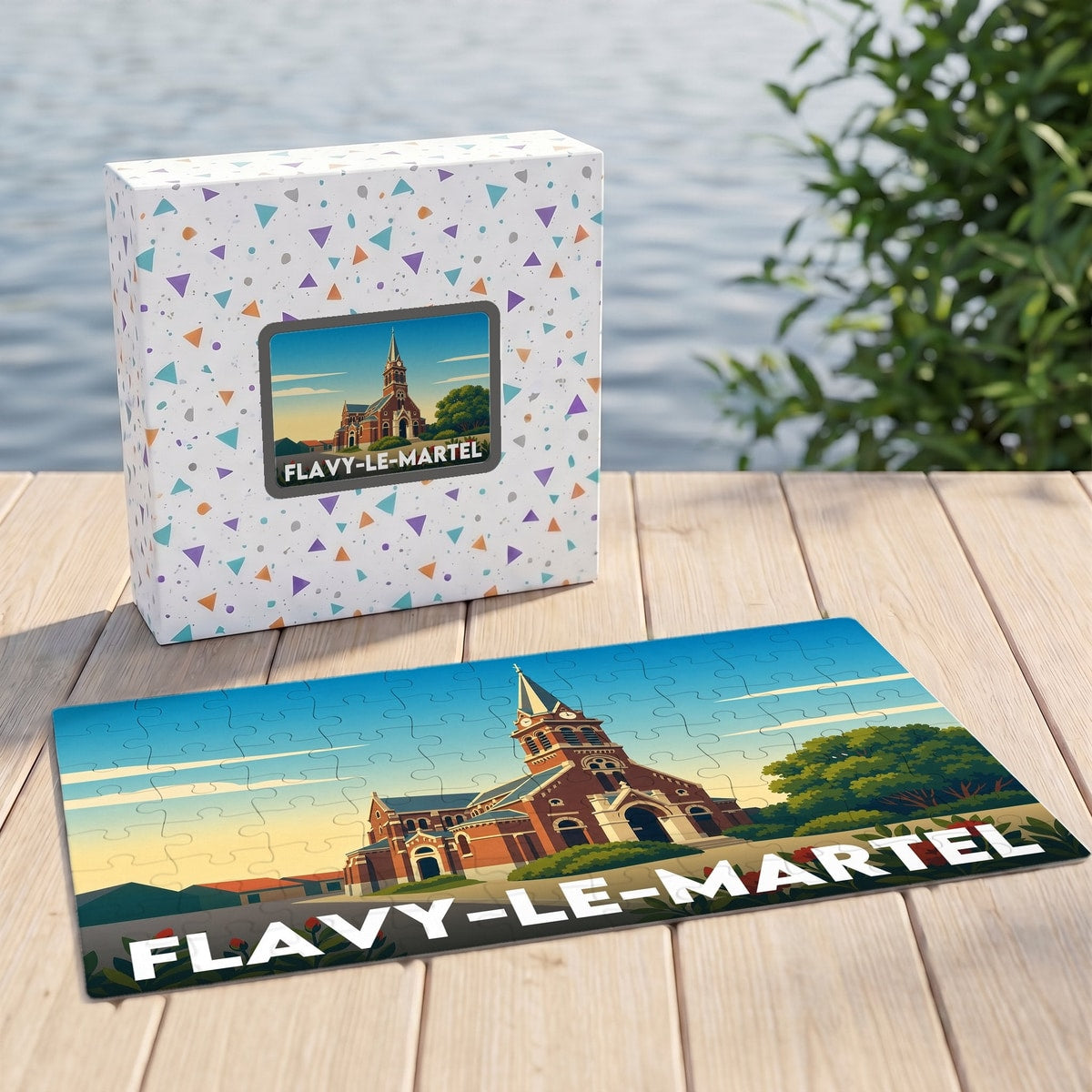 Puzzle souvenir de la ville de Flavy-le-Martel avec une illustration stylisée de son église.
