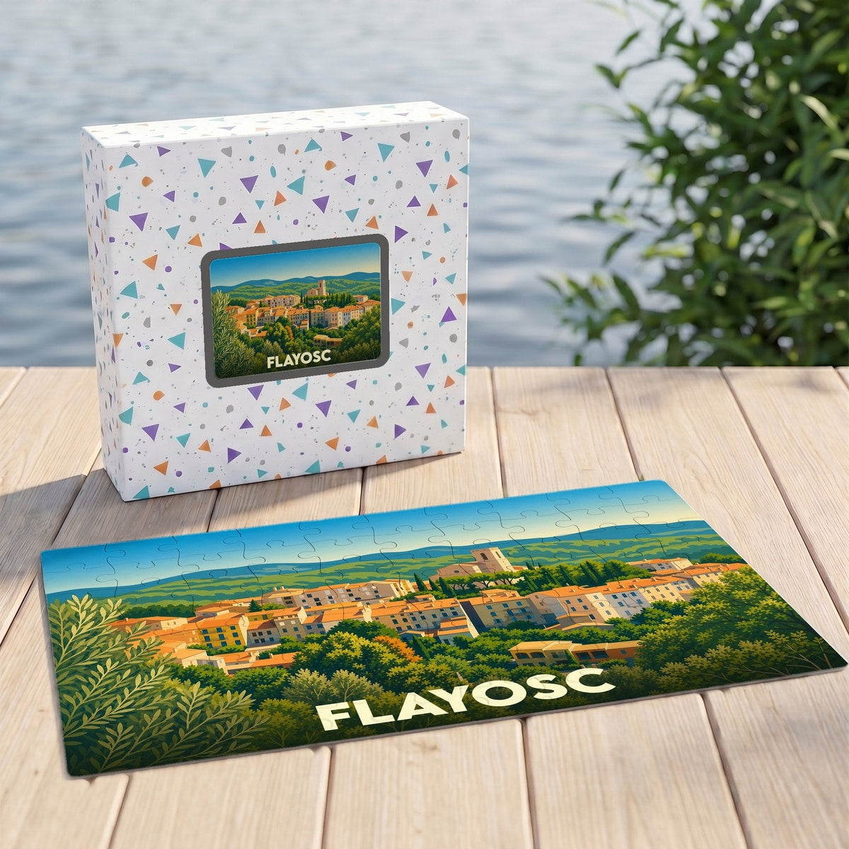 Puzzle souvenir de la ville de Flayosc représentant une illustration panoramique de ses maisons provençales.