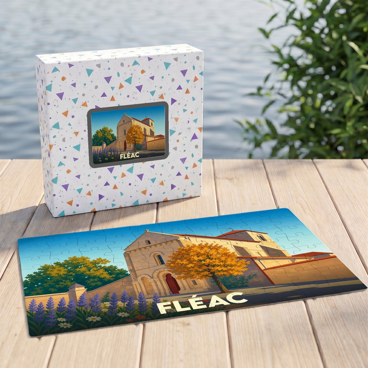 Puzzle souvenir de la ville de Fléac avec une illustration stylisée d'une église sous un ciel bleu.