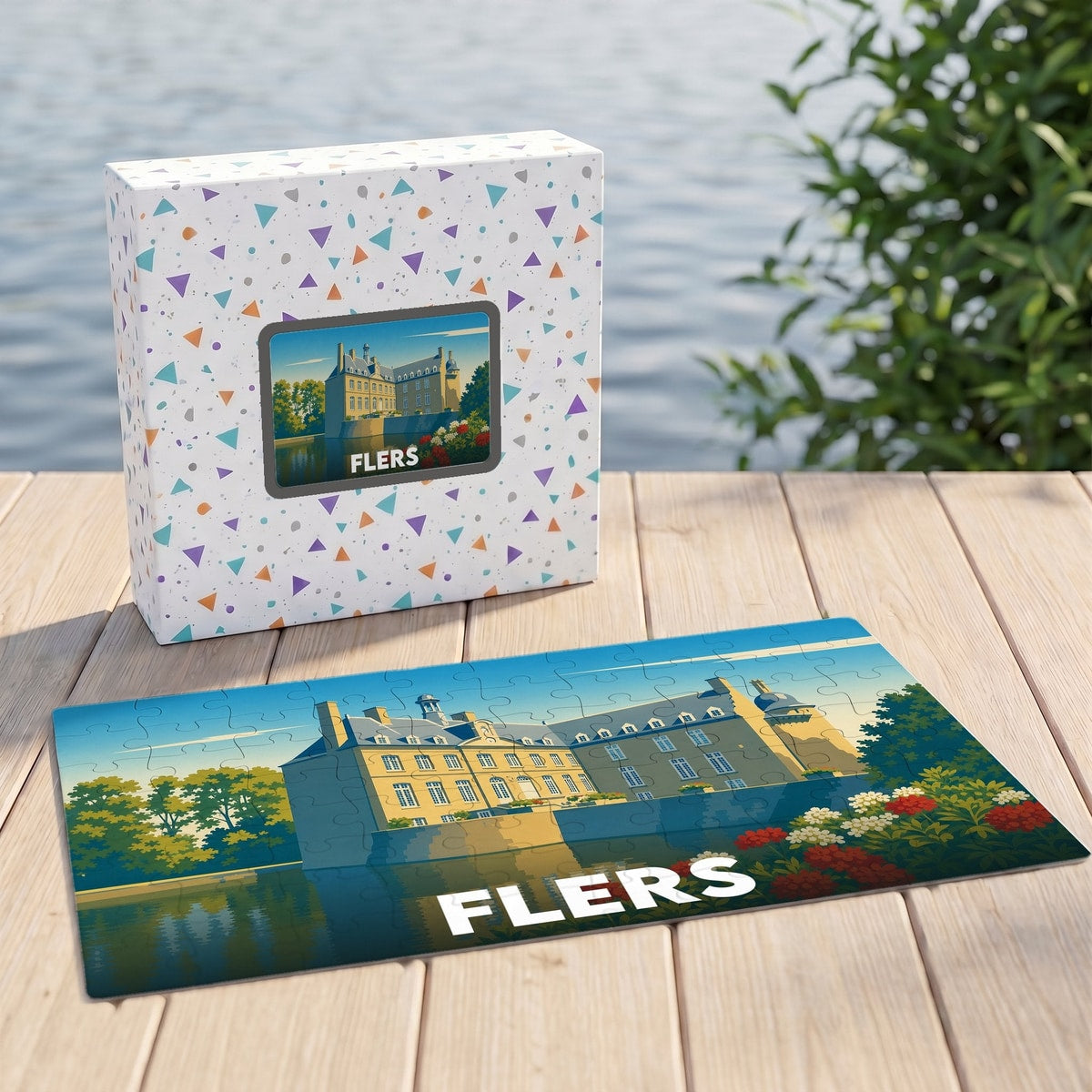 Puzzle souvenir de la ville de Flers avec une illustration stylisée de son château.