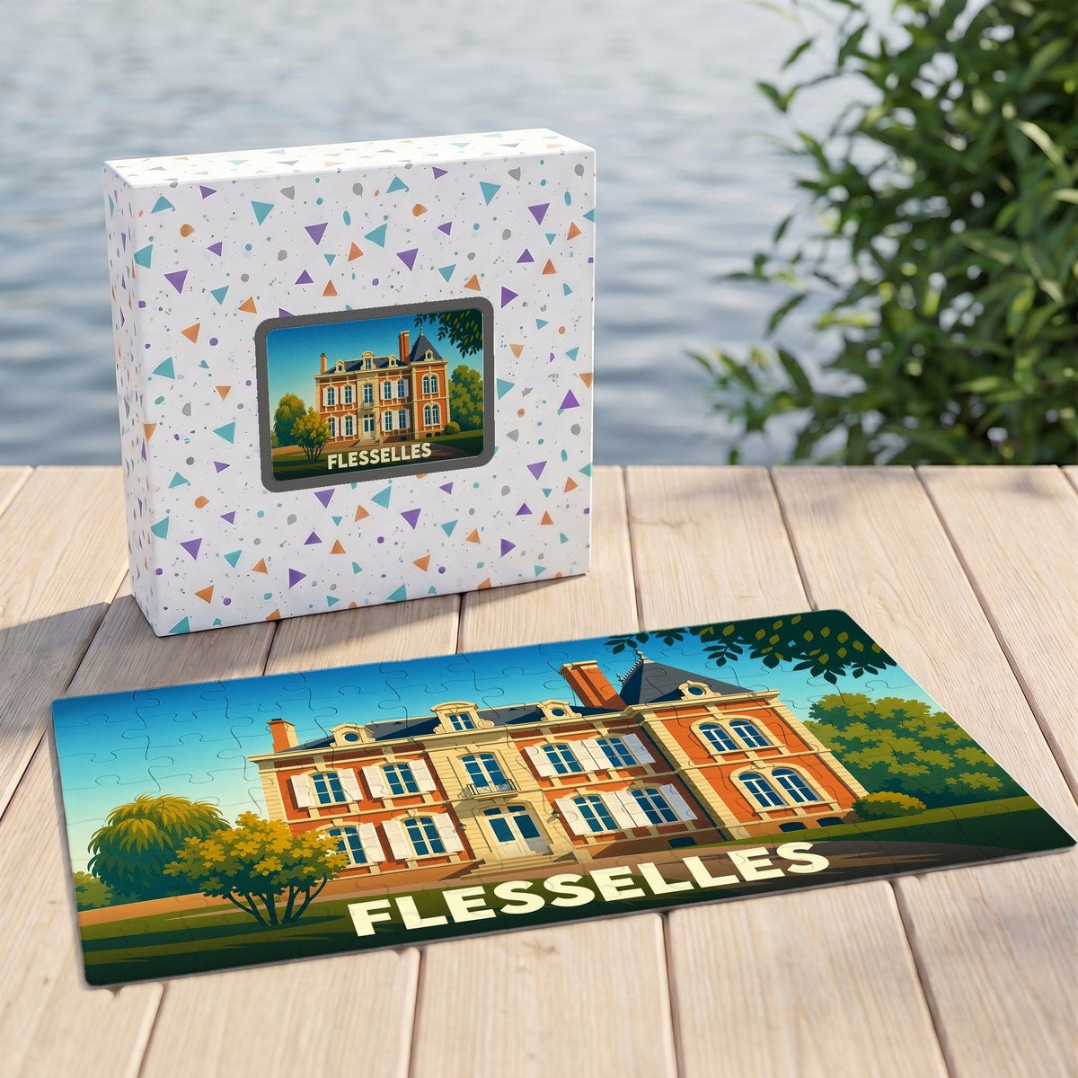 Puzzle souvenir de la ville de Flesselles avec une illustration stylisée d'un manoir.
