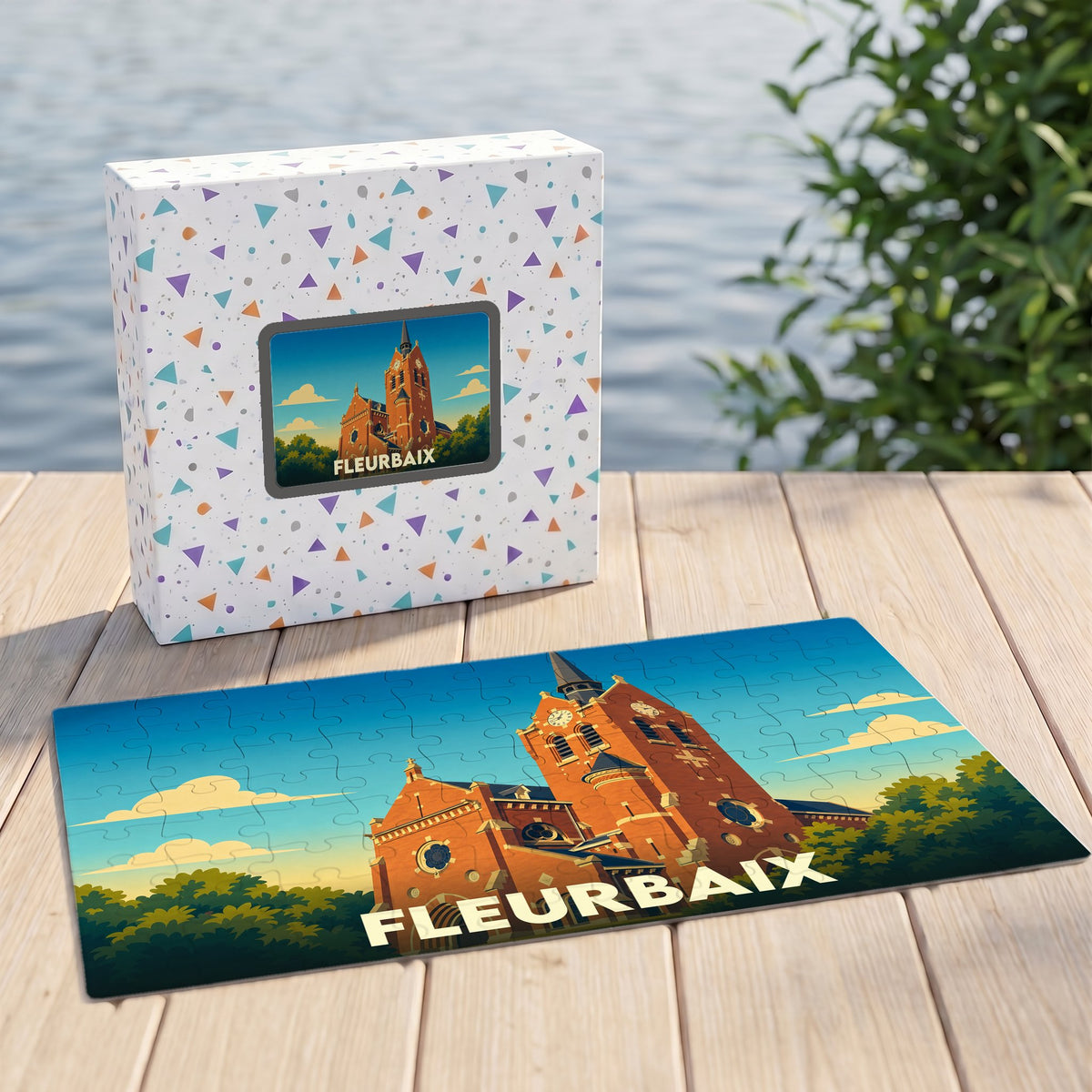 Puzzle souvenir de la ville de Fleurbaix représentant son église dans un style illustré.