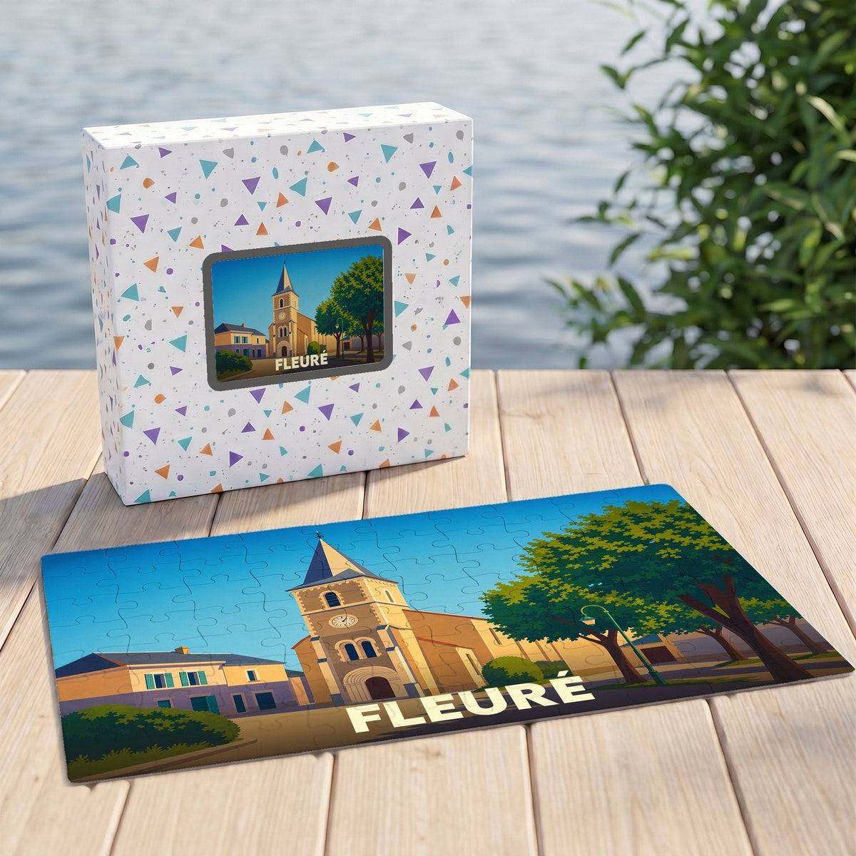 Puzzle souvenir de la ville de Fleuré avec une illustration stylisée de son église.