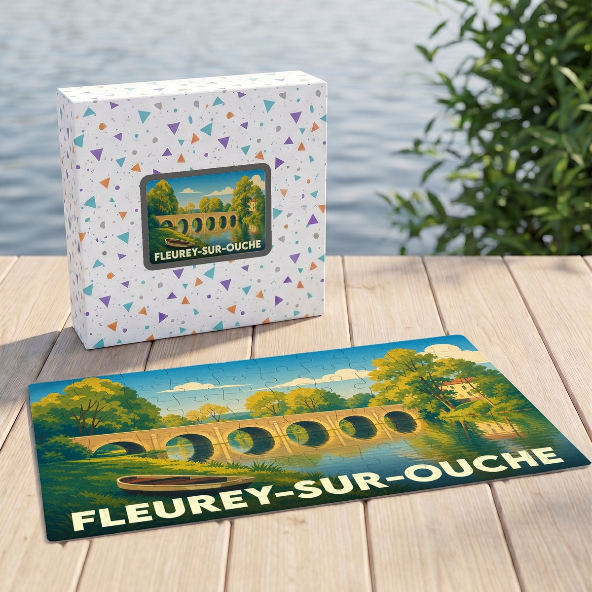 Puzzle souvenir de la ville de Fleurey-sur-Ouche illustrant un pont de pierre au bord de l'eau.